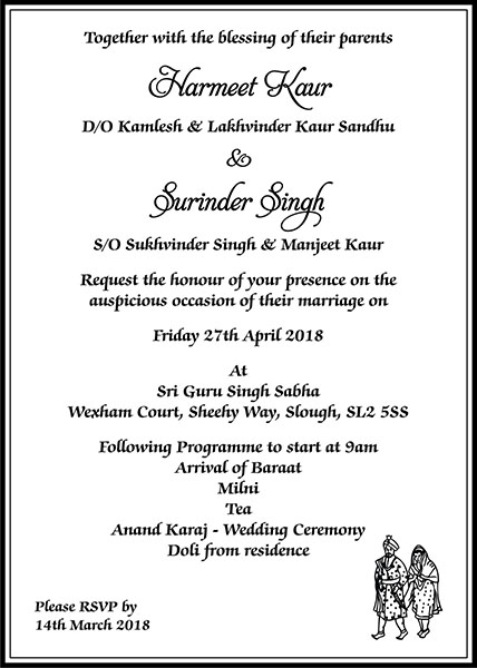 Sikh wedding invitation wording 9 - Parekh Cards